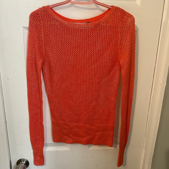 Long sleeved mesh like see through crew neck neon orange metallic silver thread - Picture 2 of 5